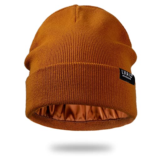 Image of Satin Lined Winter Beanie Hats for Women Unisex Cotton Knitted Cuffed Knit Hat with Silky Lining Slouchy Skull Cap