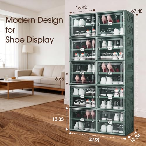 Image of Green Foldable Shoe Storage Cabinet for 40 Pairs with Magnetic Clear Doors, Portable Enclosed Shoe Organizer, 3-Step Quick Assembly for Entryway, Closet, Garage