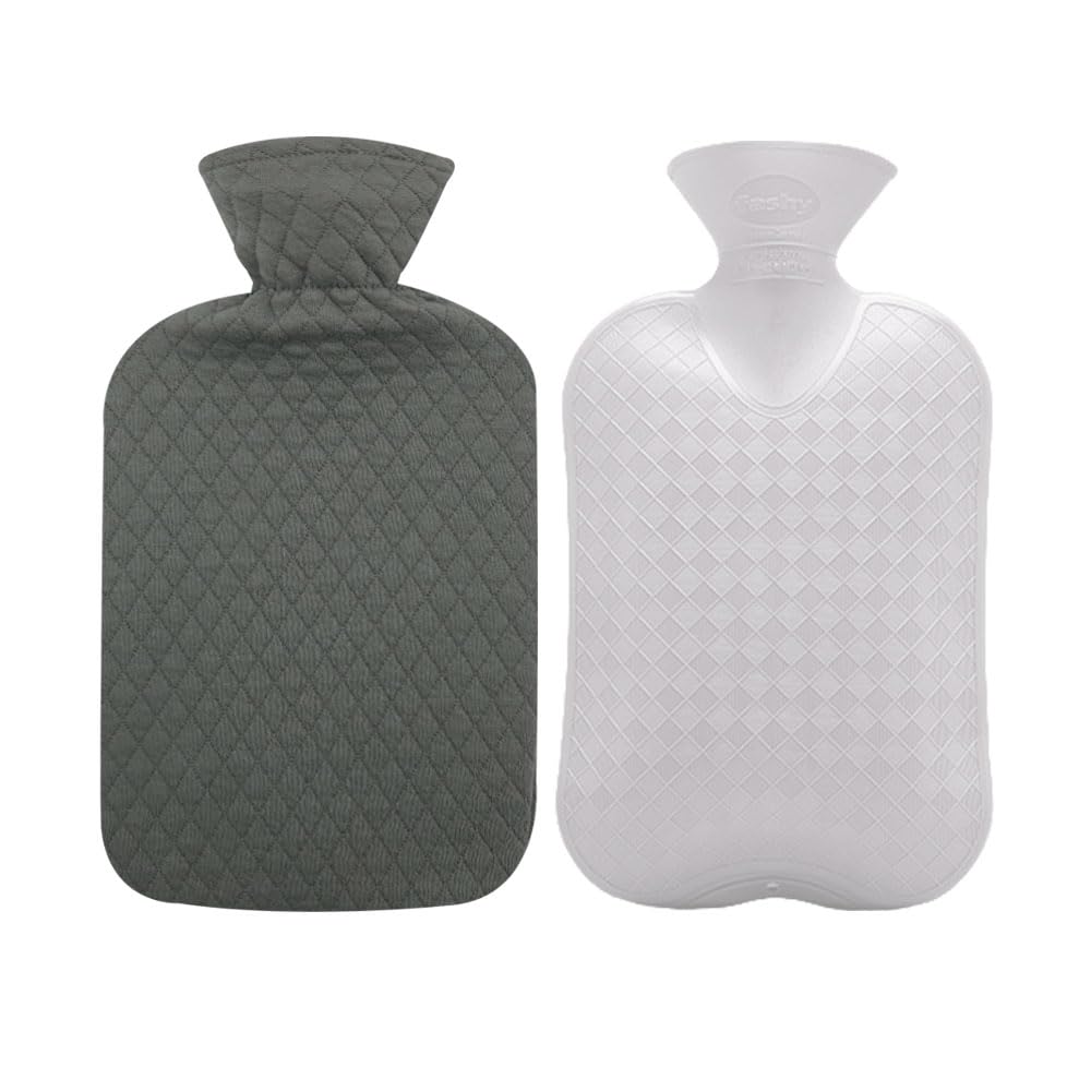 Hot Water Bottle with Gray Quilted Cotton Cover (67oz / 2L) – Made in Germany
