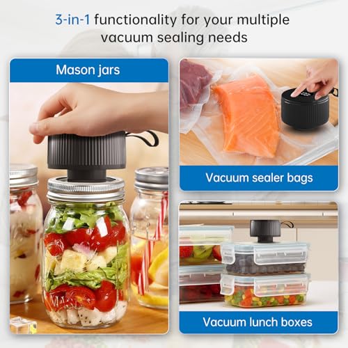Image of Electric Mason Jar Vacuum Sealer Kit, 3-in-1 Handheld Automatic Vacuum Sealer for Mason Jars, Food Savers & Containers | Ideal for Canning Jams, Pickles, Dry Foods, Grains | Present for Mom, Black