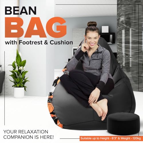 Image of Amazon Brand - Solimo Premium Faux Leather Bean Bag Combo with Footrest & Cushion, Filled with Beans | Capacity: Upto 6 Ft 3 in Height, 120 KG Weight | 3XL | Basketball Time | Black