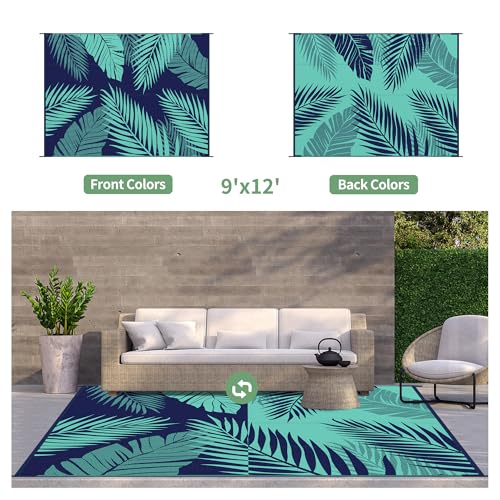 GENIMO Outdoor Rug 9' x 12' Waterproof for Patios Clearance, Reversible Outdoor Plastic Straw Camping Rug Carpet, Large Area Rugs Mats for RV, Camper, Deck, Balcony, Porch, Beach, Navy Blue&Jade Green - Image 3