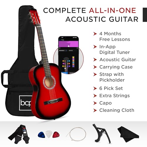 Image of Best Choice Products 38in Beginner All Wood Acoustic Guitar Starter Kit w /Case, Strap, Digital Tuner, Pick, Strings - Red Burst