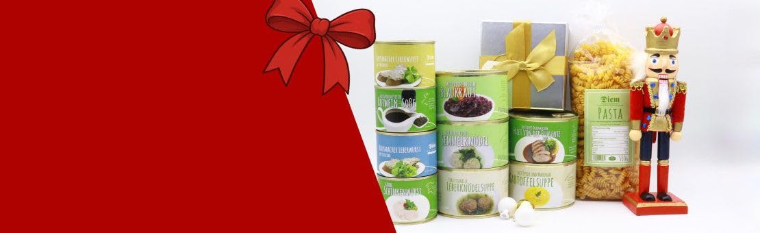 Diem Geschenk Set Groß mit Nussknacker, 9 Konserven und 1 Nudeln, Regionale Feinkost aus Bayern, Hausgemachte Wurstwaren und Spezialitäten