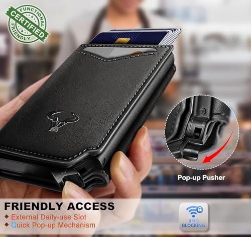 Image of VOGARD RFID Blocking Pop-Up Wallet for Men | Slim Leather Bifold Wallet with Metal Card Holder, Magnetic Flip, ID Window & Cash Pocket | Holds 10 Cards Black