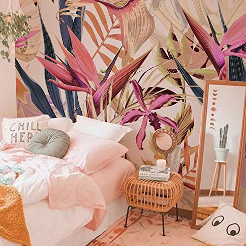 Flortlias Peel and Stick Floral Wall Mural, Leather Textured Vinyl Self-Adhesive Wallpaper for Bedroom Living Room Accent Wall Decor, Colorful Exotic, Bird of Paradise, 92''x125''