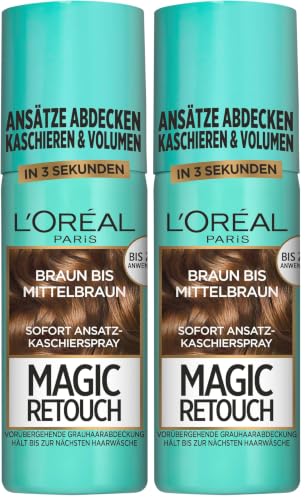 L'Oréal Paris Magic Retouch Espray de ocultación de raíces para transiciones graduales y naturales, oculta las raíces hasta el siguiente lavado, castaño a castaño medio, 1 x 75 ml (Paquete de 2)