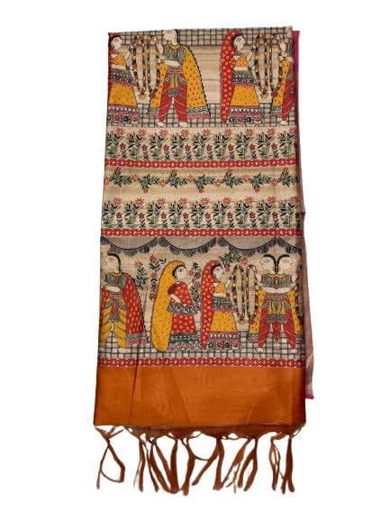 Image of Sanavi's Saree Kuthir Pure Handloom Tussar Ghicha Madhubani Printed Silk Saree with Blouse Piece inside