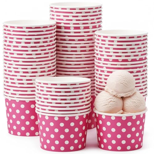 Image of Zopeal 50 Count Hot Pink Polka Dot Ice Cream Cups Disposable Dessert Bowls