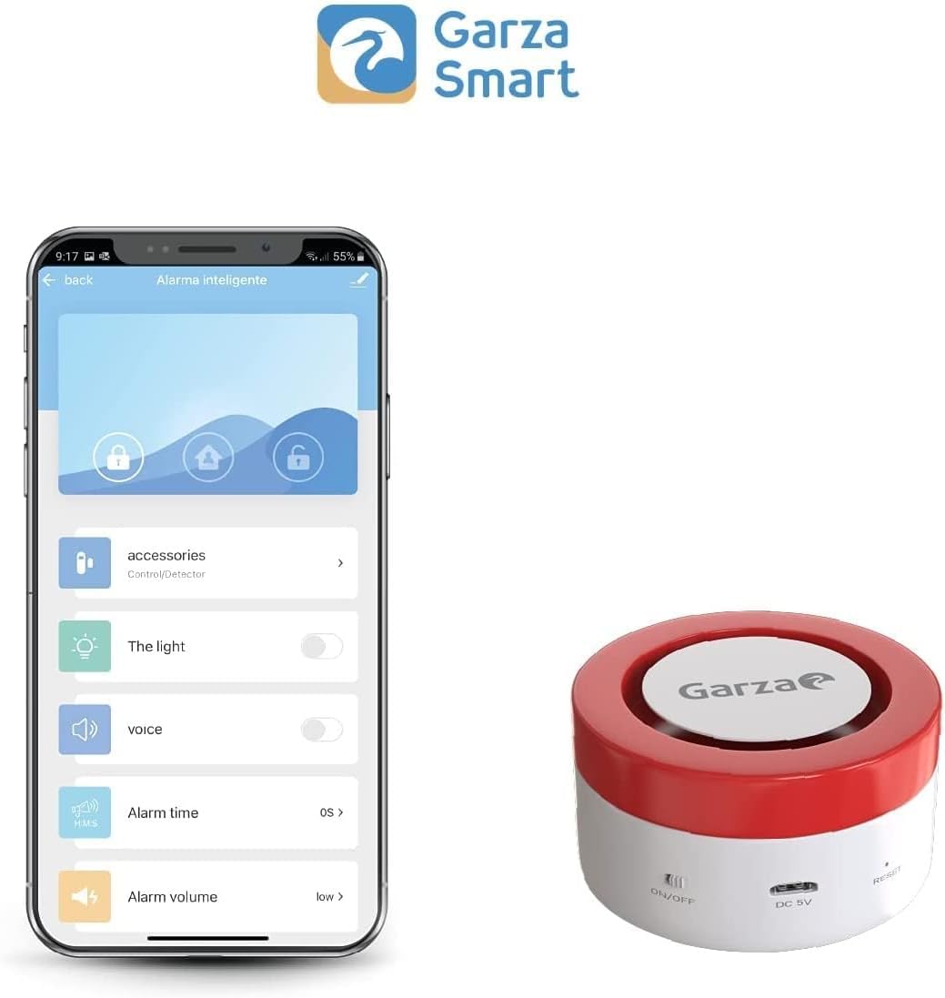 Garza Smart - Kit Sistema di Allarme Intelligente WiFi Domestico Sirena 120dB, 1 Sensore di Movimento, 3 Rilevatori di Apertura Porte/Finestre e 1 Telecomando WiFi 2.4GHz