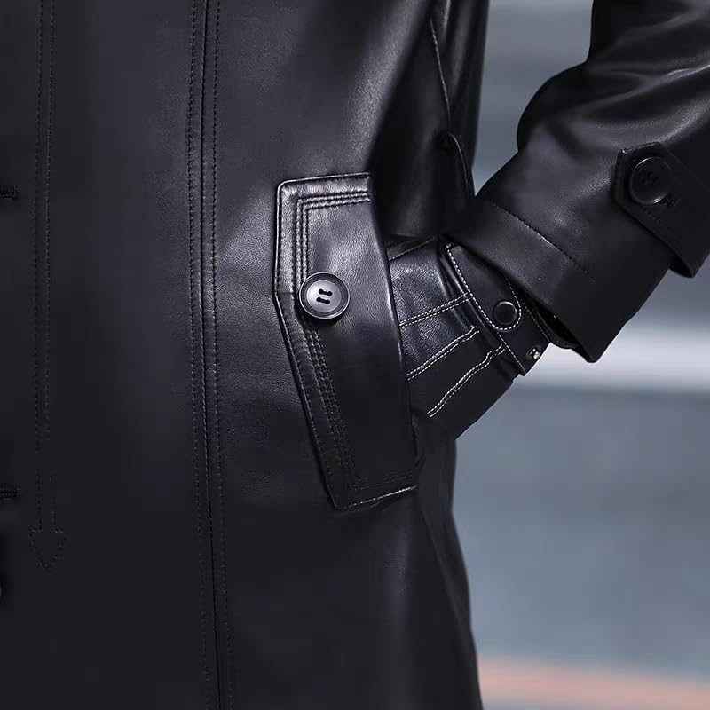 Duberess Mens Double Collar Trench Coat Long Leather Jacket Parka - Image 7