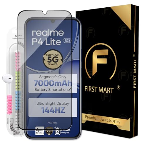 Image of FIRST MART Matte Anti-Glare Tempered Glass for Realme P4 Lite, Realme C83 and Narzo 100 Lite With Installation Kit | Military-Grade Gaming Screen Protector & Cable Guard | Edge to Edge Coverage | Black