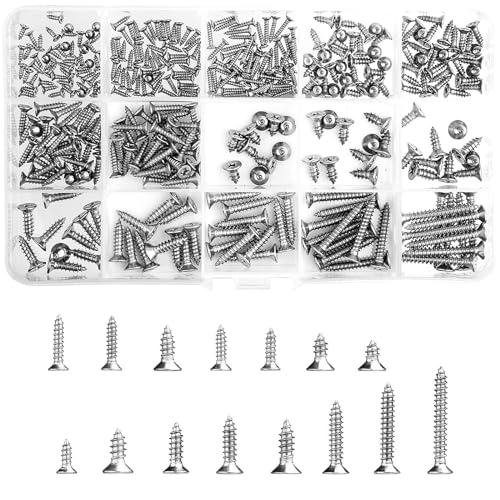 350Pcs Cross Head Countersunk Self Tapping Screws Sliver 304 Stainless Steel Assorted Sizes Metal Screws Assortment with 1Pc Wrench M2 M3 M4