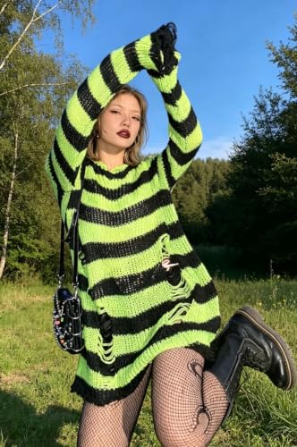 Image of Goth Y2K Striped Sweater Grunge Ripped Punk Gothic Sweaters for Women