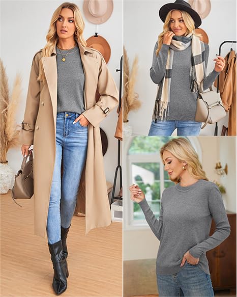 Image of Arach&Cloz Women's Wool Blend Classic Crew Neck Casual Fall Sweaters
