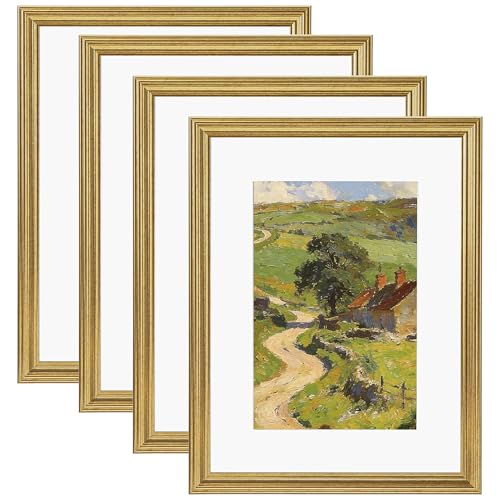Image of eletecpro 12x16 Gold Picture Frames Set of 4, Vintage Photo Frames with Clear Acrylic Cover, Gallery Wall Art Display 8.5x11 Photo with Mat or 12x16 without Mat for Tabletop and Wall Mount, Home Decor