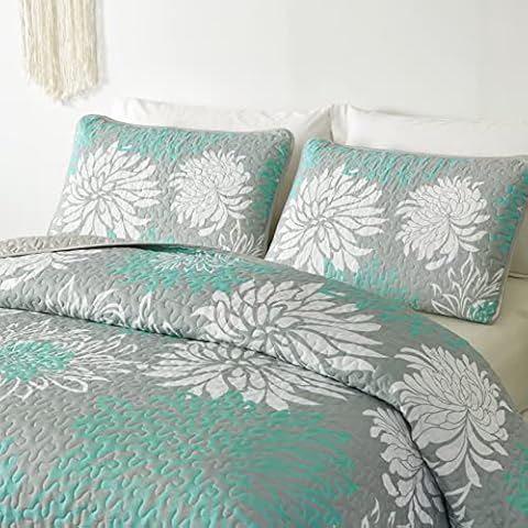 Gray Quilt Set King Floral Bedspread Lightweight Reversible 3 Pieces Green Bedding Coverlet Microfiber with Pillowcases for Girls Women (Queen,90×104 Inches) Cover
