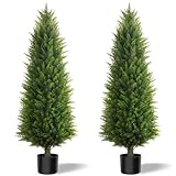 4FT Artificial Cedar Topiary Trees (2 Pack) - UV Resistant Fake Evergreen Shrubs with Extra Dense Foliage, Realistic Potted Faux Plants for Front Porch & Garden Decor