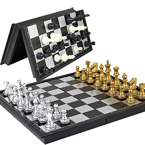 ZAW Schach Schachspiel 2. 5 cm Mittelalterliche Schach-Set Faltbare Schachbrett 32 Stück Qualitätsbrett Gold Silber Magnetisch WPC Chess (Color : Gold)