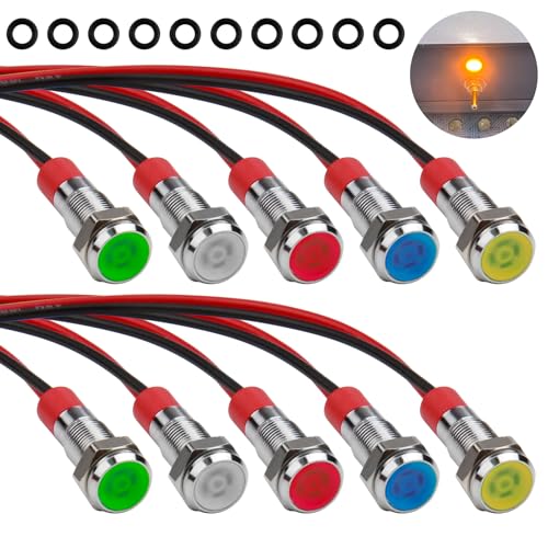 10PCS 6mm Voyants LED en Métal, Indicateurs de Panneau pour Véhicules, AC/DC 12-24V, Témoins d'Avertissement Multicolores pour Voitures, Bateaux, Modèles...