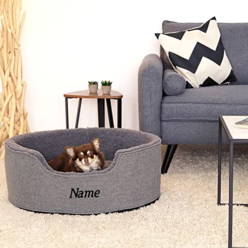 lionto Hundebett mit Wendekissen und waschbarem Bezug, formstabiles Hundekörbchen mit Anti-Rutsch-Noppen, 73x60 cm, kuscheliges Heimtierbett für Hunde und Katzen mit Plüsch, grau (Namensaufdruck)