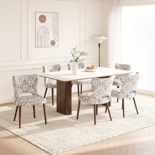 Image of Wooden Dining Chairs Set of 6, Farmhouse Dining Room Chairs with Solid Wood Legs, Mid Century Fabric Kitchen Chairs, Upholstered Chair for Restaurant & Cafe- Jacquard