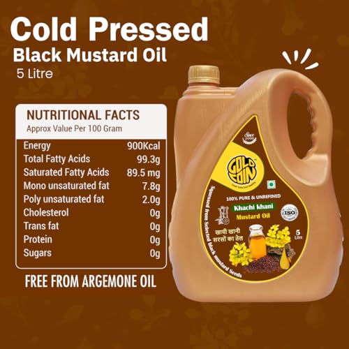 Image of GOLD COIN Wood Cold Pressed Mustard Oil 5 Litre | Kacchi Ghani Sarso Ka Tel | Black Mustard Seeds | A1 Grade | Unrefined | Omega-3 ALA | 0 Trans Fat | Pure Cooking Oil for Frying, Pickling & Daily Use