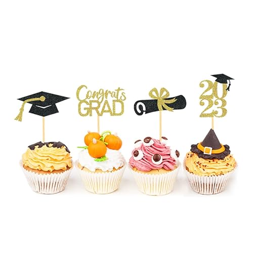 24Pcs Graduation Cupcake Toppers, Graduation Cupcake Picks For Cupcake Food Decorations - Class Of 2023 Graduation Cupcake Toppers Supplies (Gold) #TOP2