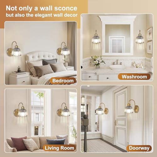 Image of Cordless Wall Sconce Sets of 2, Tulip Glass Shades Rechargeable Battery Operated Wall Sconce, Retro Flower Gold Wall Lights Bathroom Vanity Sconces, Wall Mounted Lamps for Bedroom Living Room