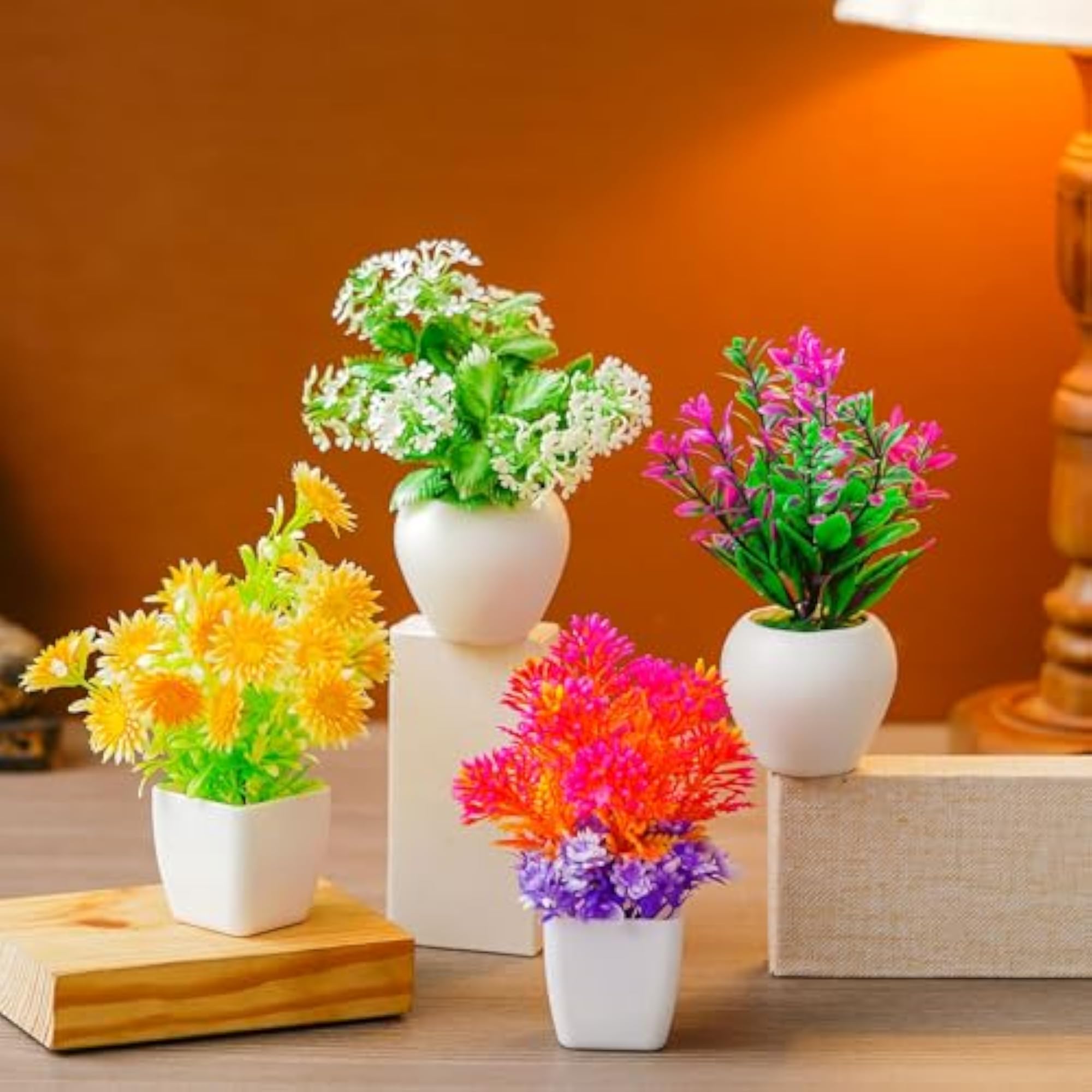 Set of 4 Decorative Mini Artificial Flowers Plants with Pot
