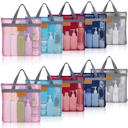 Tudomro 10 Pcs Mesh Shower Caddy Portable Shower Bag Bulk Quick Dry Tote Bag Lightweight Hanging Toiletry Bath Organizer for College Dorm Gym Swimming Beach Travel Games Sports (Gray Handle)