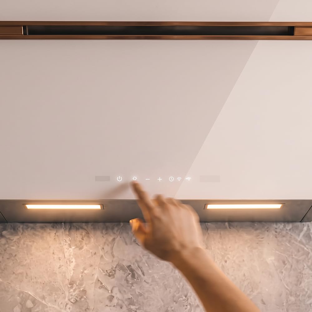 Cecotec Okap dekoracyjny 60 cm Bolero Flux DT 607500 Matt White A+++. Matowe i błyszczące szkło z miedzianymi detalami, ssanie 717,2 m³/h, funkcja wzmacniacza, filtry aluminiowe, klasa A+++
