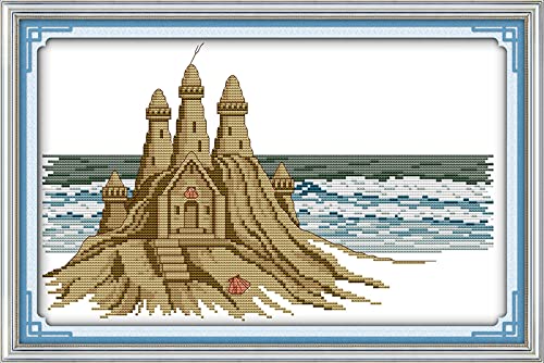 Point de croix kit complet motif château de sable pour broderie canevas 40x50