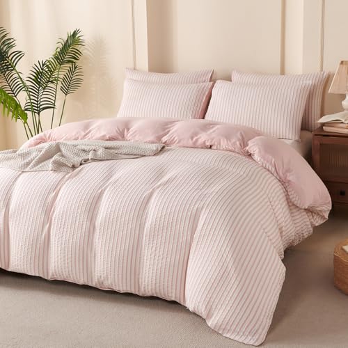 Image of Pink Striped Comforter Set Queen - 3 Pieces Bedding Comforter Set for All Season, Soft Lightweight Washed Microfiber, 1 Striped Comforter and 2 Pillowcases (Pink, Queen Size)