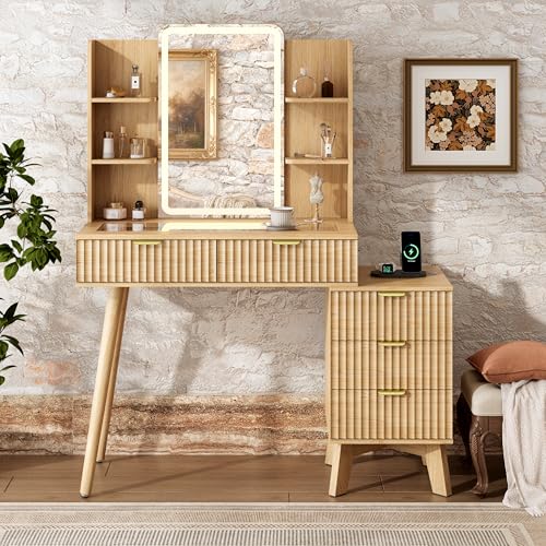 Image of Xixini Fluted Vanity Desk with LED Lights Mirror & Charging Station, Oak