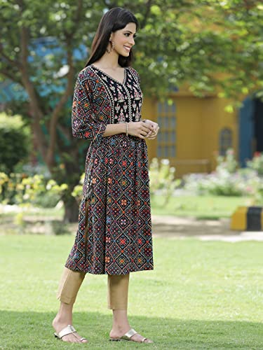 Image of Juniper Women's Rayon Festive Printed Flared Kurta for Women