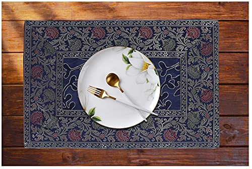 Image of E-EZRA Embroidery Home Decor Decorative Silk Dining Table Mats 6 Pieces Placemats 45x30 Cm (Navy Blue)