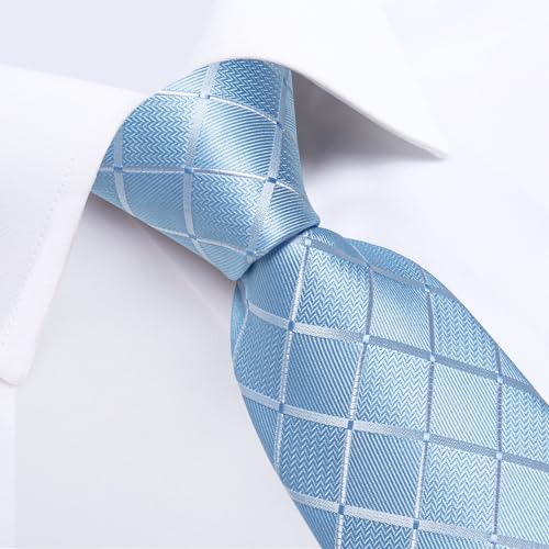 Image of DiBanGu Mens Silk Plaid Tie and Pocket Square Set | Elegant Silk Formal Tie Set, Woven Check Necktie and Cufflinks Tie Clip Set, Perfect for Wedding Party, Comes in Gift Box
