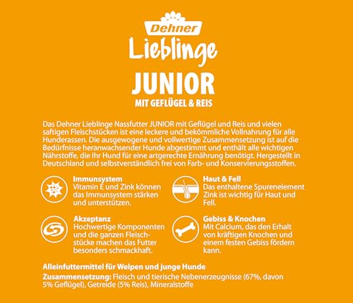 Dehner Hundefutter, Nassfutter vitaminreich, für Welpen und junge Hunde, Geflügel / Reis, 6 x 800 g Dose (4.8 kg)