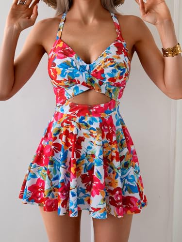 Image of B2prity Women Cutout One Piece Skirt Swimsuit V Neck Wrap Tie Back Swimdress Tummy Control Bathing Suits Slimming Swimwear