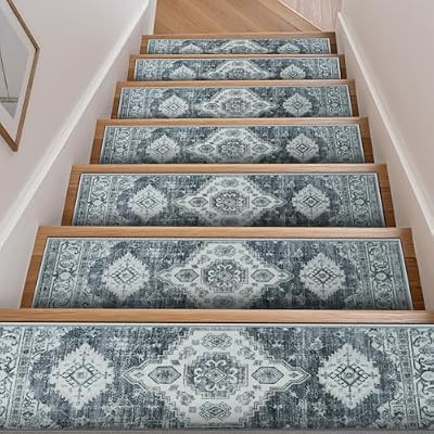 OJIA Stair Treads Non-Slip Carpet Stair Treads for Wooden Steps Indoor 15PCS, Soft Stair Runner Rubber Backing Carpet Treads for Wood Stairs, Safety Stair Rugs for Kids Elders Pets, Gray