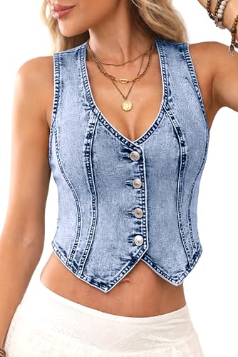 ELLEVEN Denim Vest Top for Women Crop Tops Summer Cute Jean Vest Country Concert Western Outfit Y2k Cowgirl Outfits Light Blue Denim Medium
