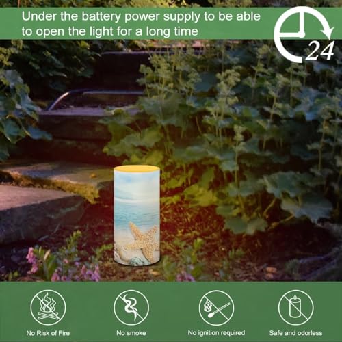 Image of Flameless Candle Electric LED Lights with Dancing Flame, with Timer Remote 12 Color Lights, 3 AAA Batteries Operated (Not Include), for Beach Indoor Home Decor, Coastal Starfish Blue Sea