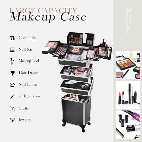 Chuangjin 5 In 1 Rolling Makeup Train Case Professional Cosmetic Trolley Large Storage Organizer With Key Swivel Wheels Salon Barber Case Traveling Cart Trunk For Make Up Nail thumb #3