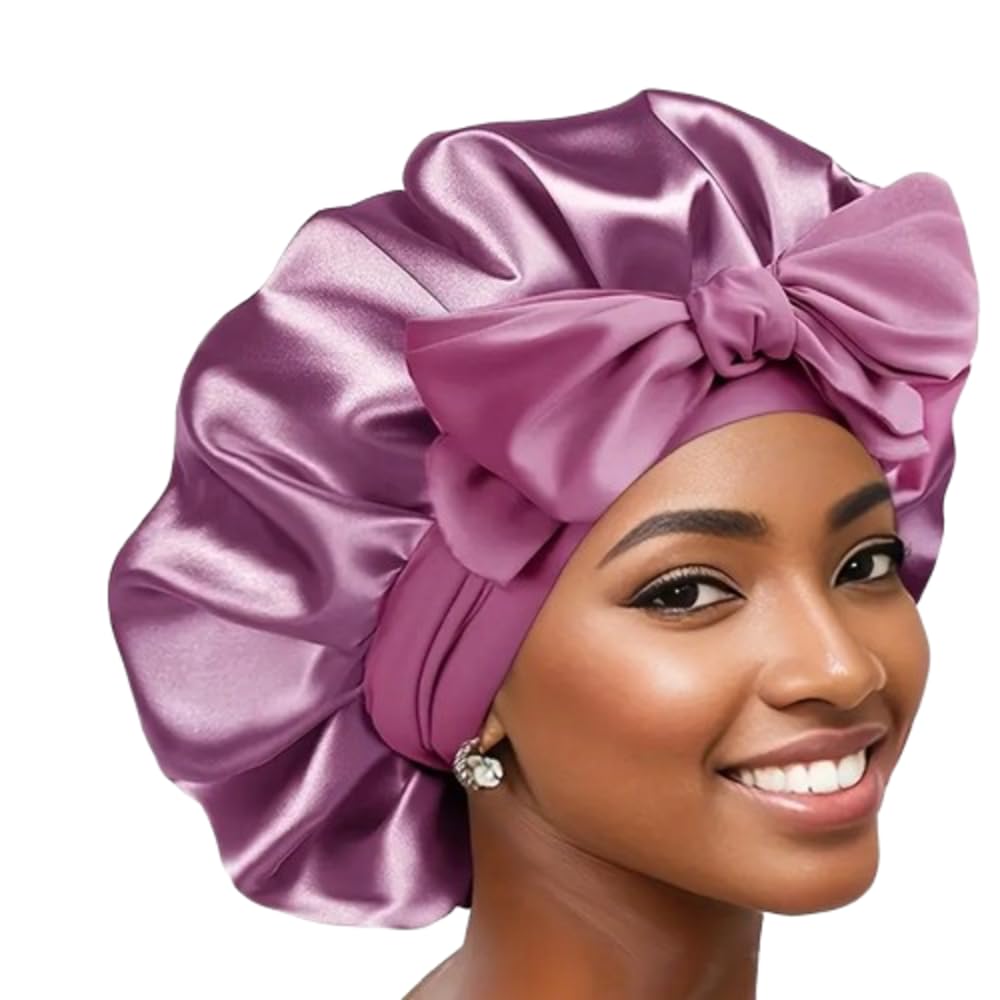 Boolavard Silk Bonnet for Sleeping Women Satin Bonnet Double Layer Satin Lined Hair Bonnet with Tie Band Curly Hair (UK, Alpha, One Size, Purple)