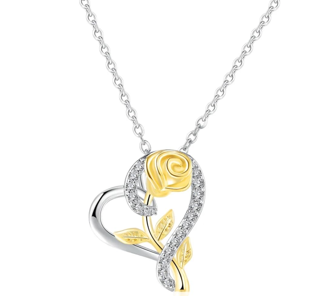 Nilus Collection Stylish Silver Plated CZ Chain Pendent Set for Women, Heart Shaped Pendant with Rose Design (Silver & Gold) (B0DG5V5G5G) Amazon Price History, Amazon Price Tracker