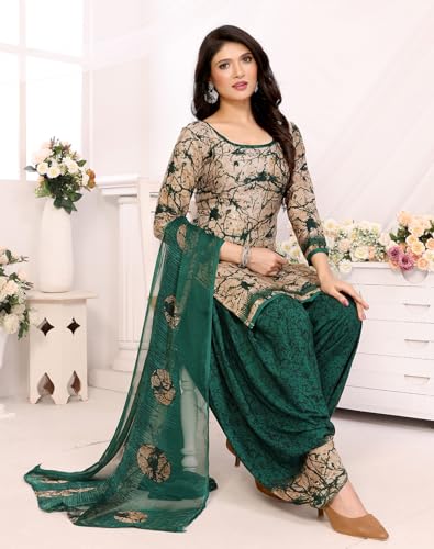Image of Yashika Women's Printed Dress Material - Unstitched Crepe Fabric Kurti, Pants & Dupatta Set