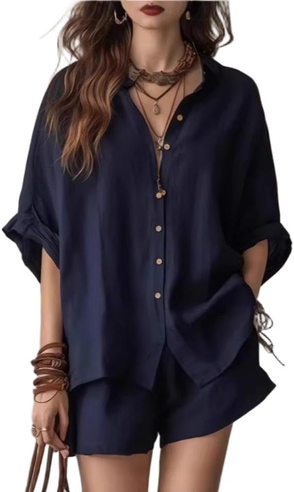 Women's 2 Piece Short Sets Casual Oversized Button Down Short Sleeve Lounge Outfits Summe Linen Loose Sweatsuit