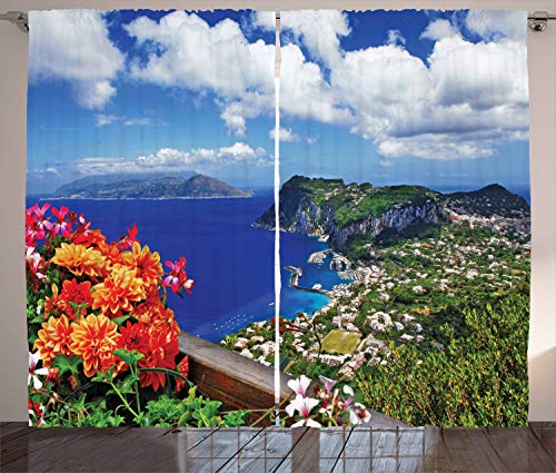 Ambesonne Island Curtains, Scenic Capri Island, Italy Mountain Houses Flowers View from Balcony Landmark, Living Room Bedroom Window Drapes 2 Panel Set, 108