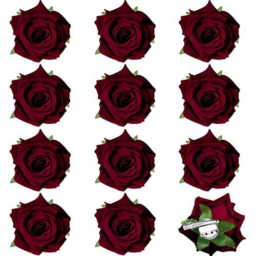 Paquete de 12 pinzas para el pelo de rosa, broche floral, pinzas para el cabello mexicano, suministros de fiesta para mujeres, accesorios para el cabello de rosa, paquete de boda (rojo vino)